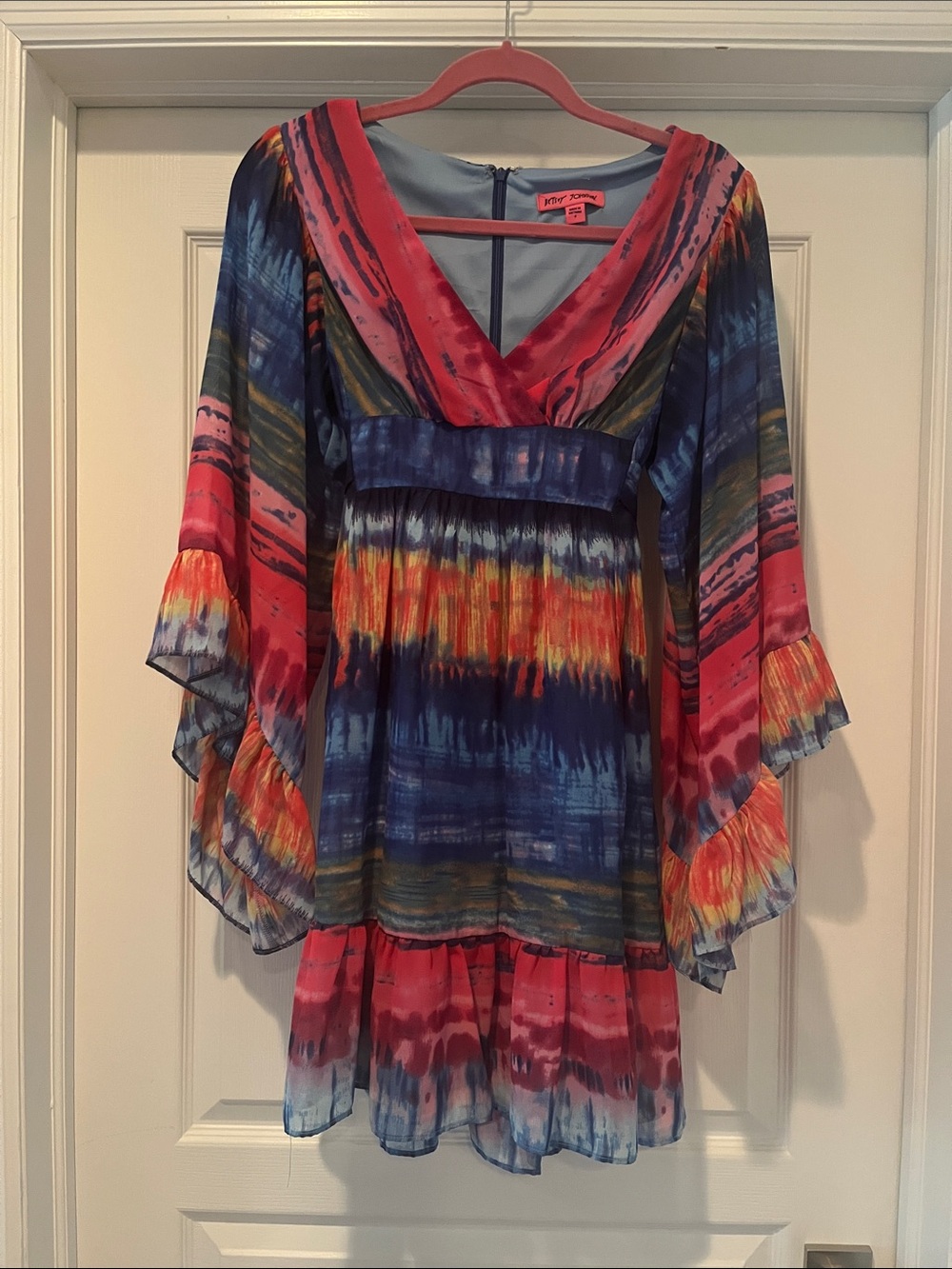 Betsey Johnson Multicolor Tie-Dye V-Neck Boho Bell Sleeve Dress in Pink Blue